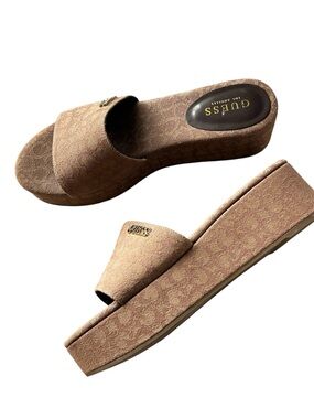GUESS Brown Tan Platform Slide Sandals